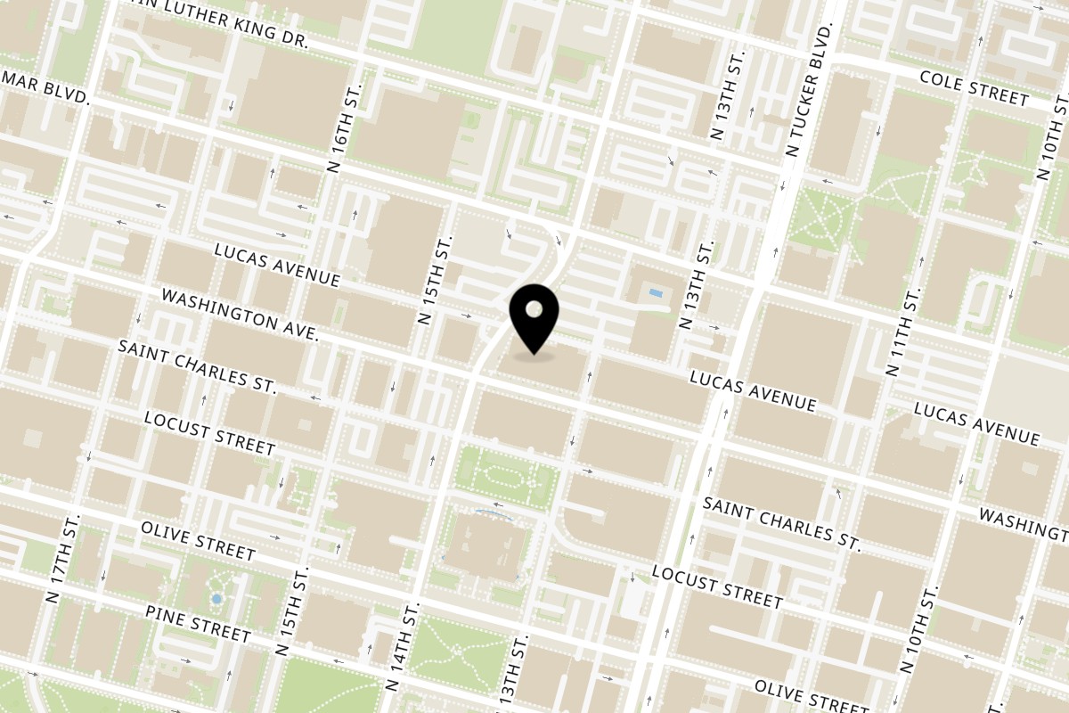 Map showing the location of Mosito’s BBQ on 1317 Washington Ave in St. Louis